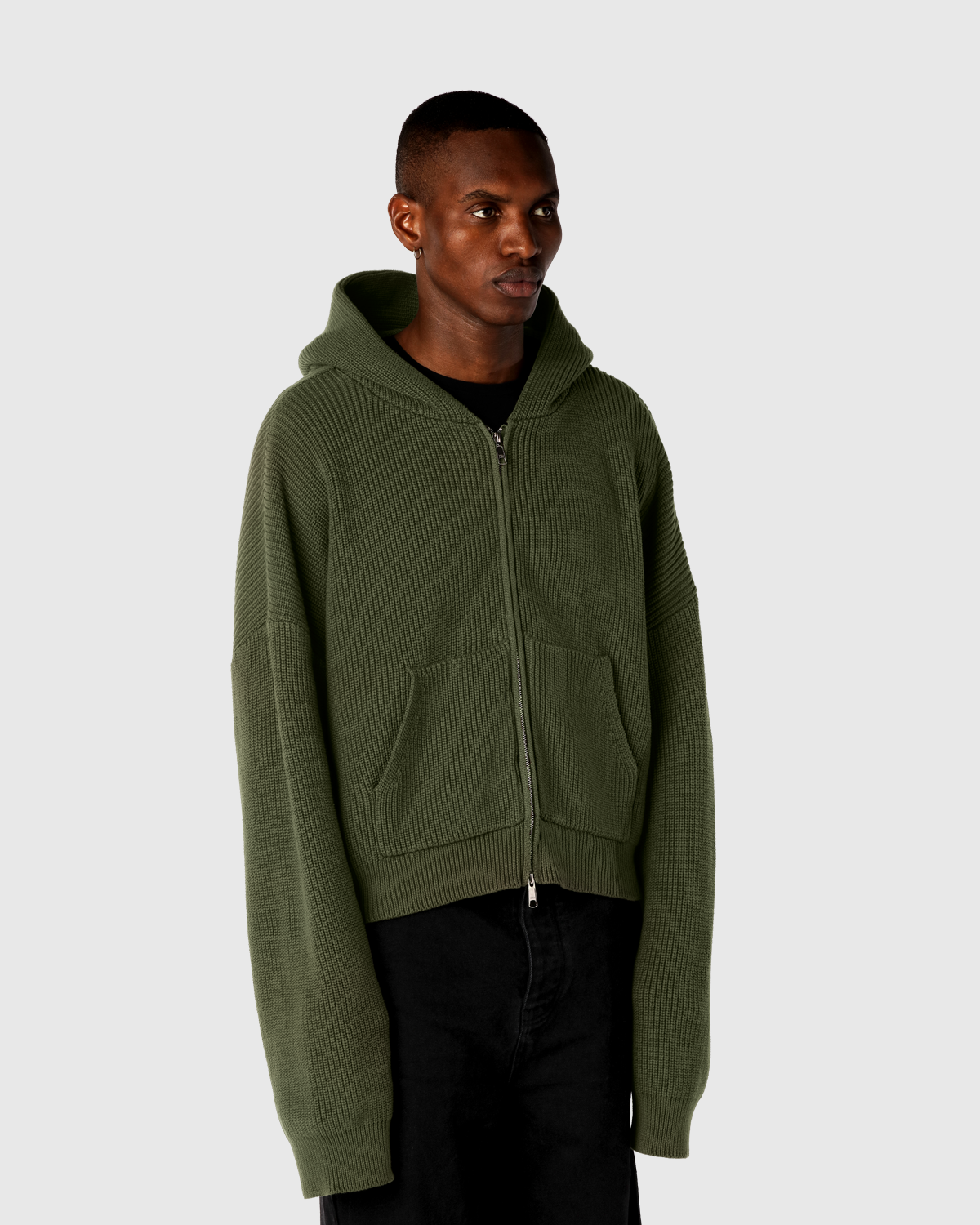 OLIVE CROPPED KNITTED FISHERMAN ZIP HOODIE